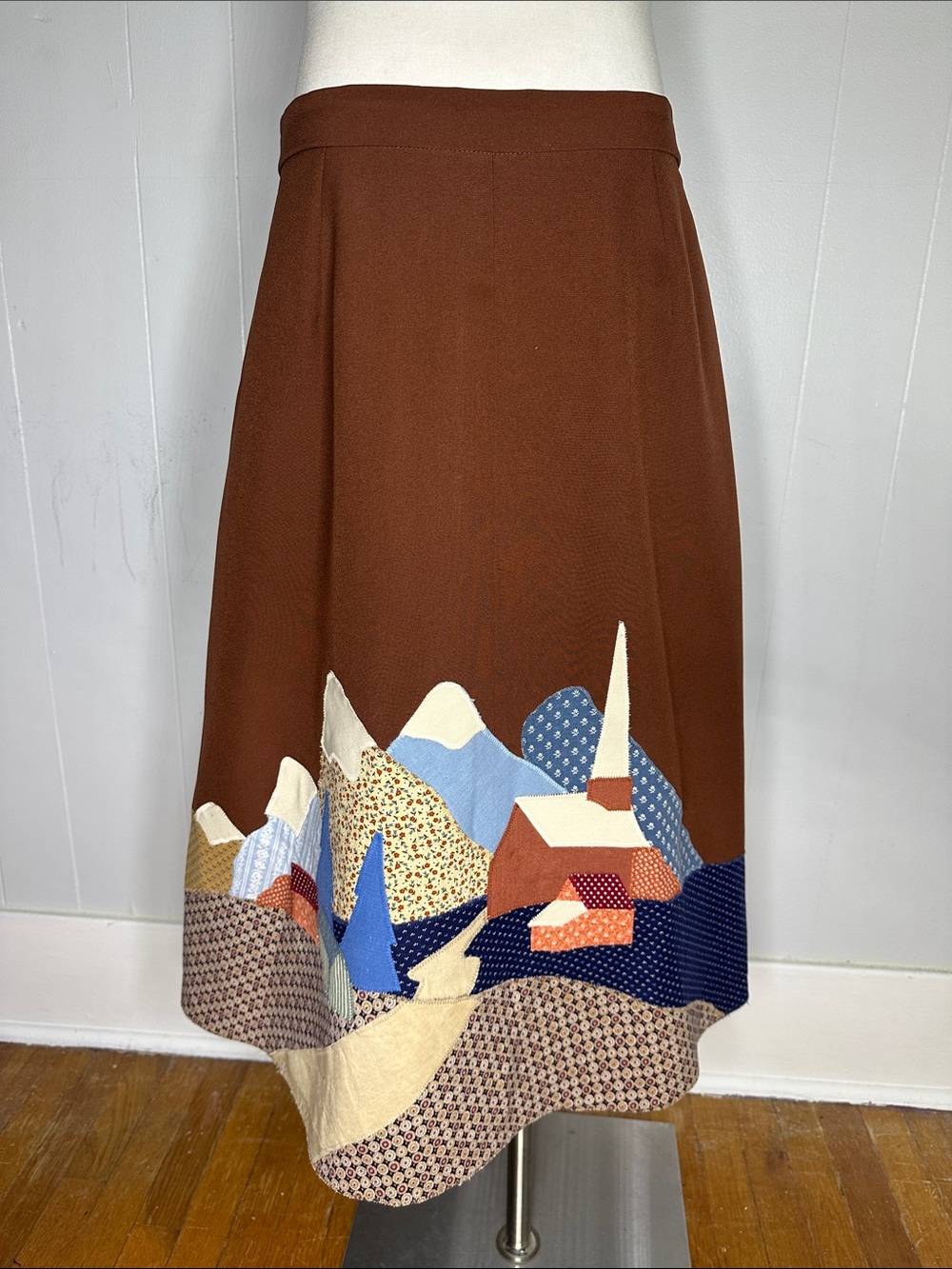 Vintage 70s Patchwork Church In The Mountains MIDI Skirt